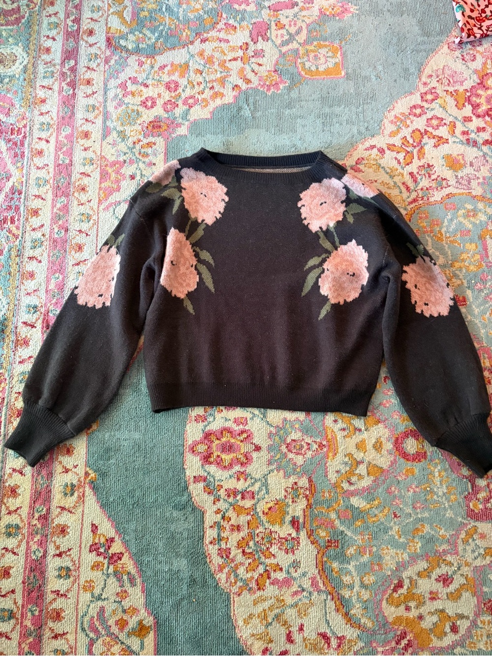 Charcoal Crewneck Sweater with Pink Floral Accents